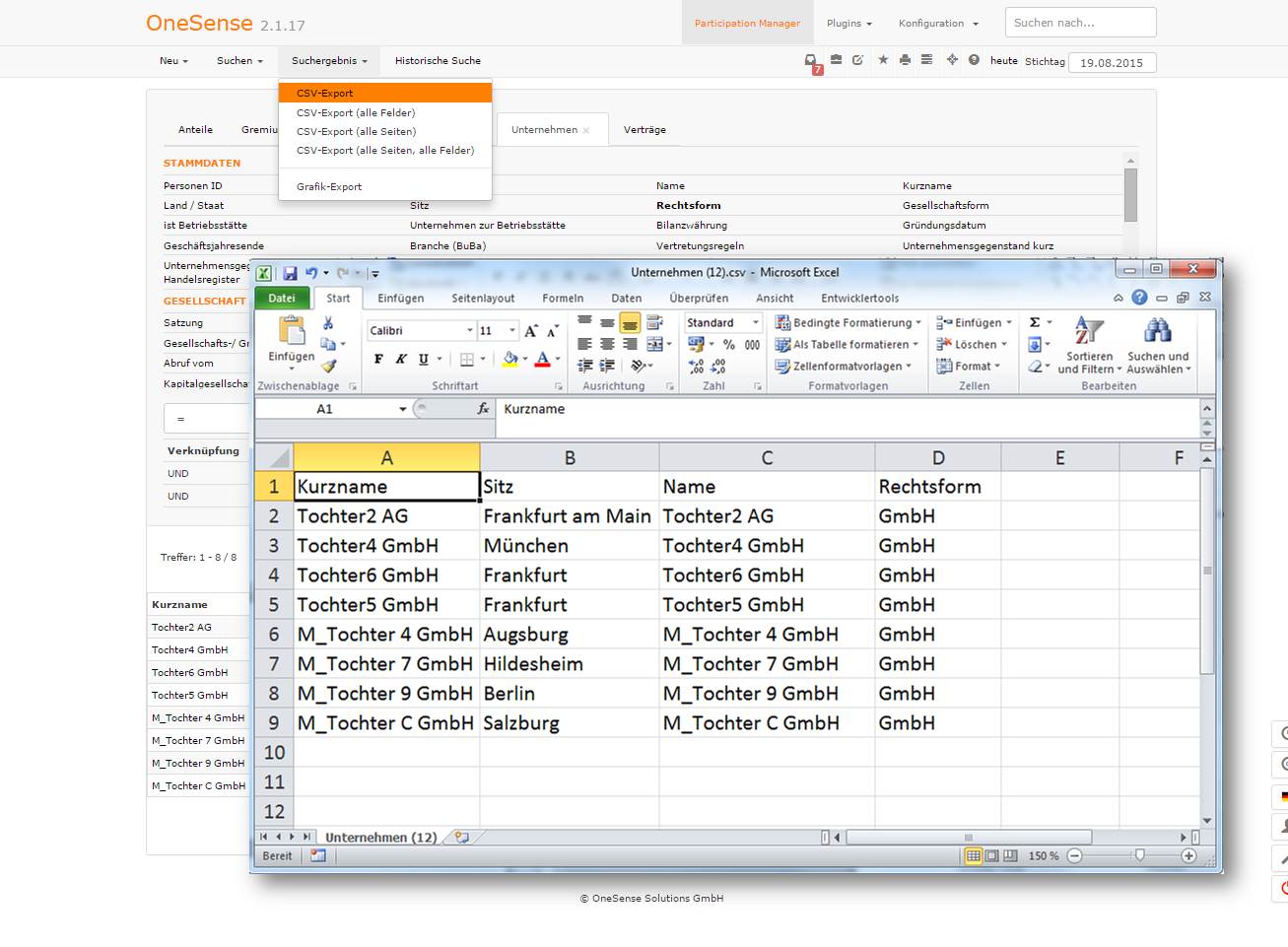 OneSense Export nach Excel